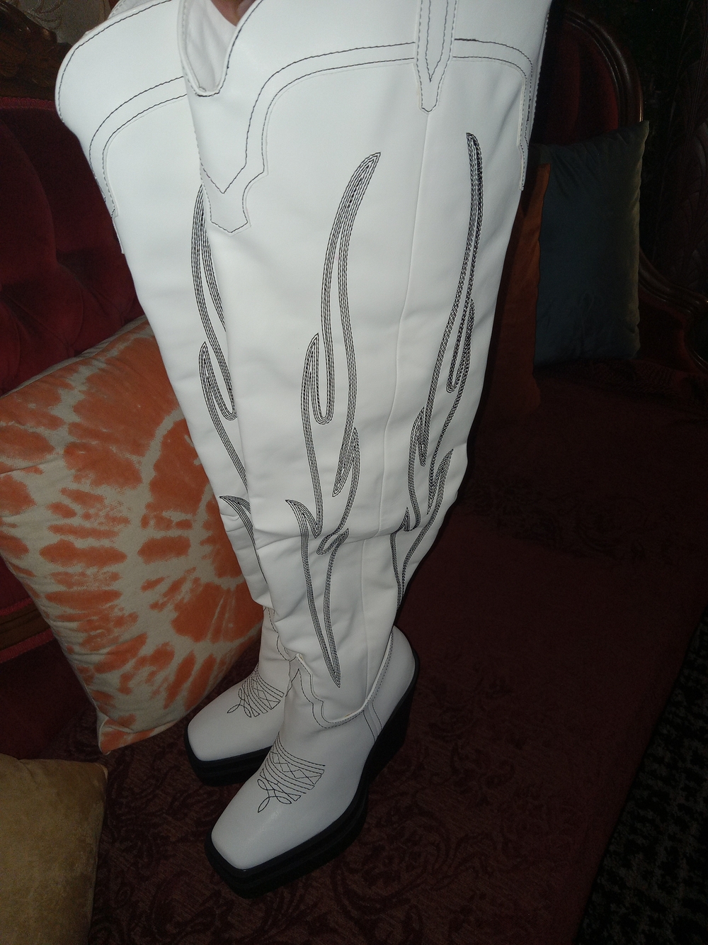 Lemonade White Over-the-Knee Western Boots with Black Stitching